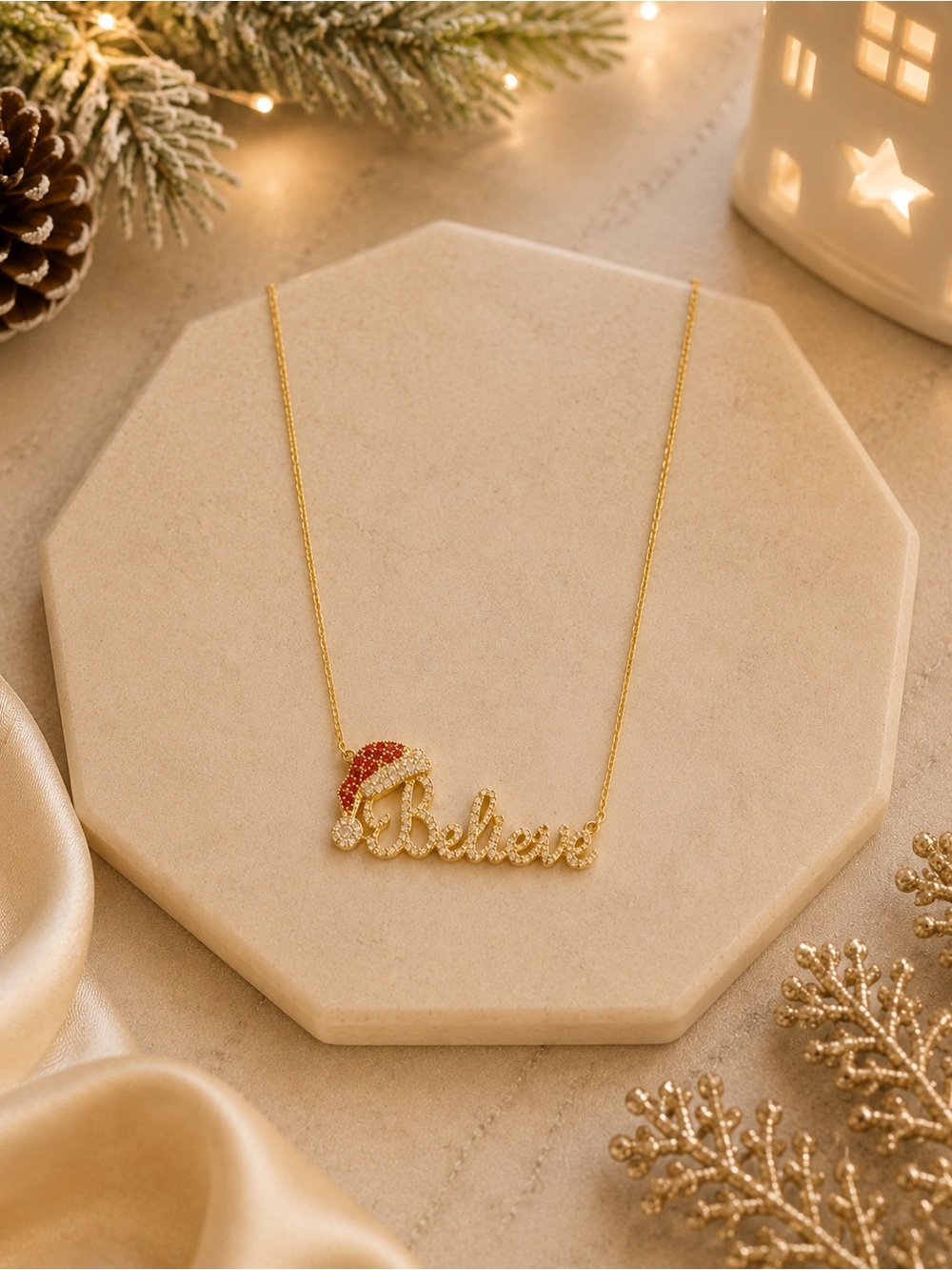 Glitzy Believe Script Necklace with Santa Hat Accent - Gold